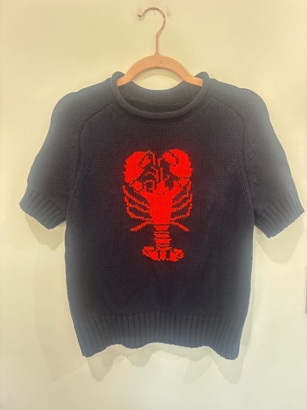 Navy Lobster Intarsia Knit Short Sleeve Sweater Coastal Preppy S/M
